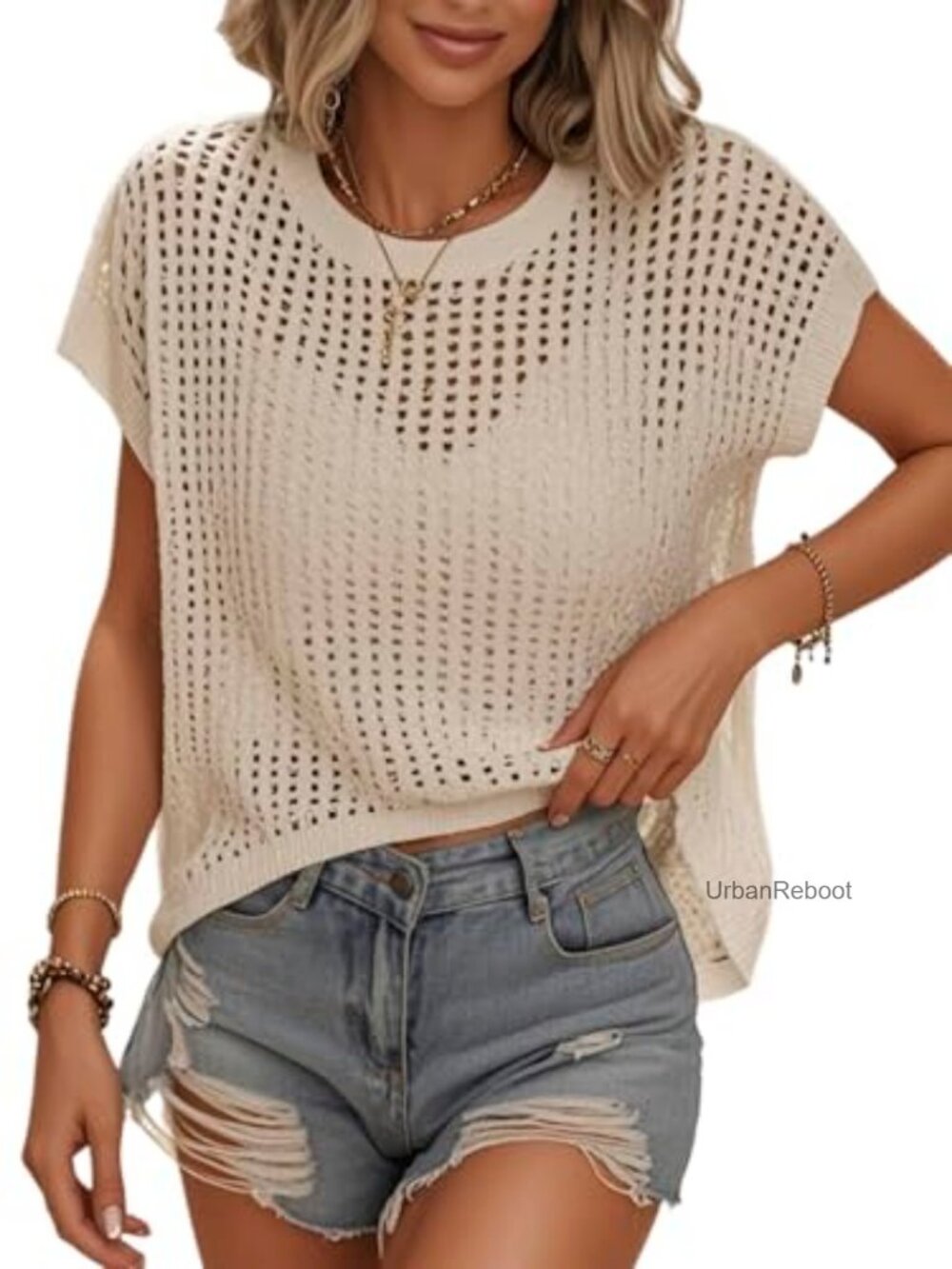 Crochet Hollow Out Cap Sleeve Cover Up Tank Top Pullover Sweater Vest Beach